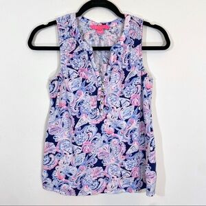 Lilly Pulitzer Essie Tank Purple Blue Pink Seashell Ocean Print Cotton XS